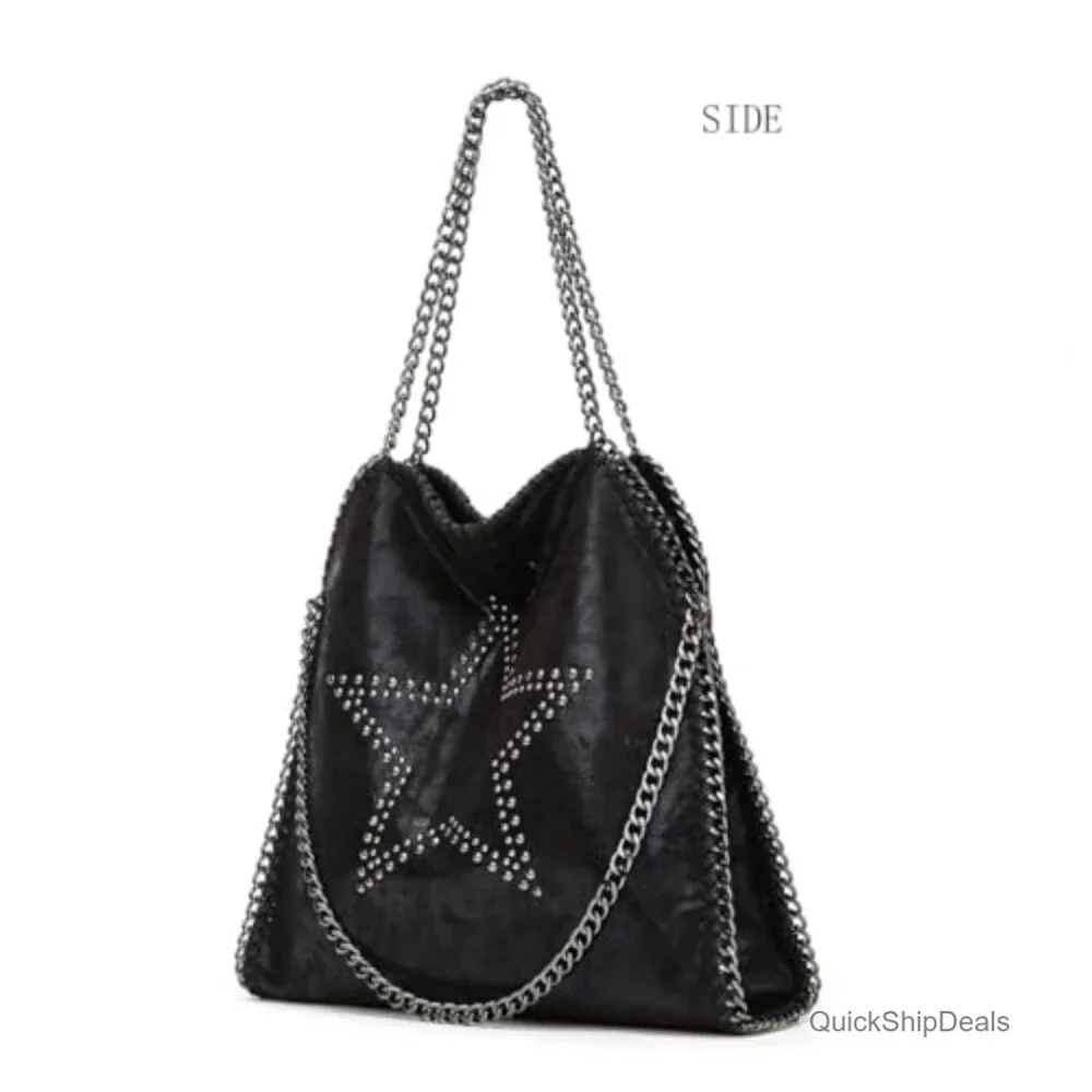 Oversized Chain Hobo Bag with Studs Faux Leather Shoulder Tote